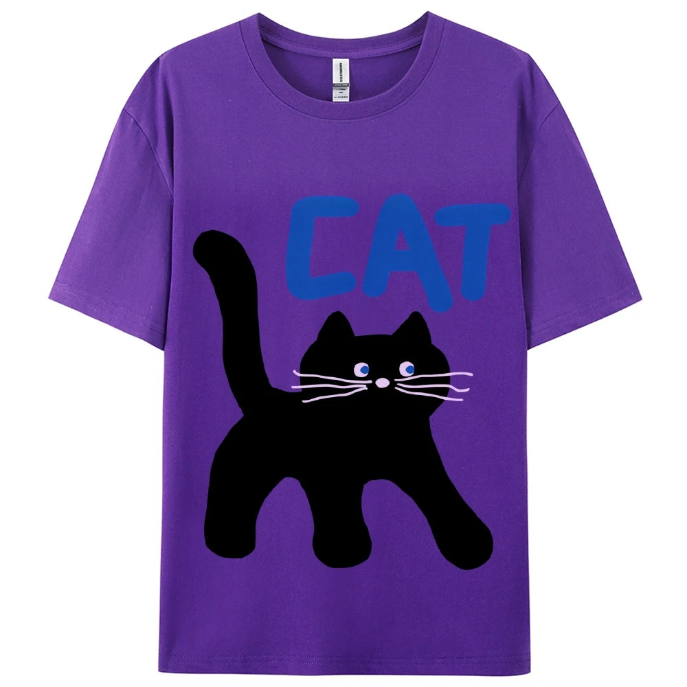 Women's Basic Crew Neck Tee Trendy Y2K Women's Short Sleeve Cartoon Cat Print Cute Aesthetic Cotton Casual T-Shirt