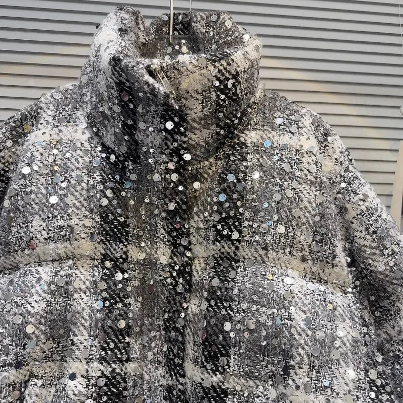Autumn Winter New Unique Design Parkas Top Sequined Tweed Heavy Industry Soft Girls Warm Bread Jacket Down Coat Women's Clothing