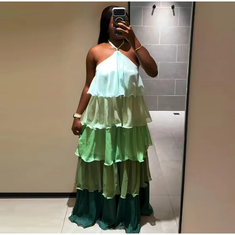 Flowy Gradient Halter Off Shoulder Ruffle Maxi Dress for Women
