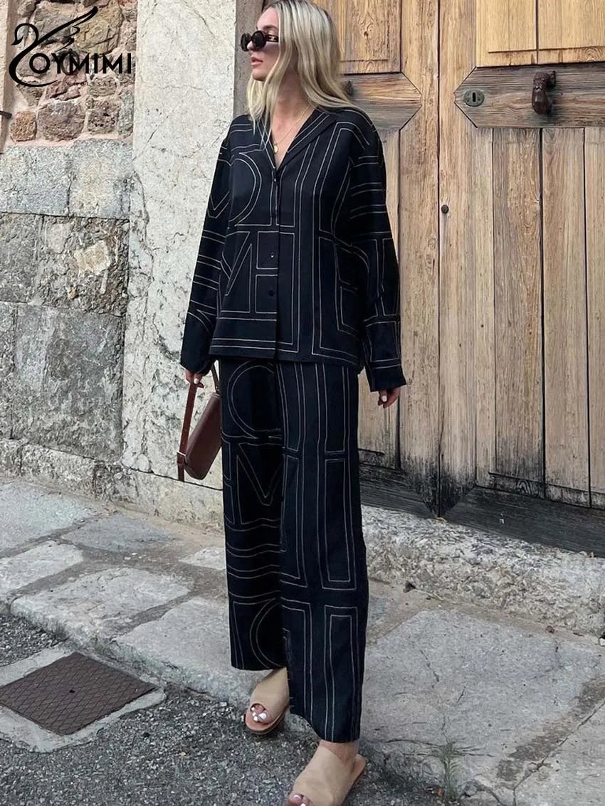 Oymimi Elegant Beige Print Two Piece Set For Women Fashion Long Sleeve Single Breasted Shirts And High Waisred Trousers Sets