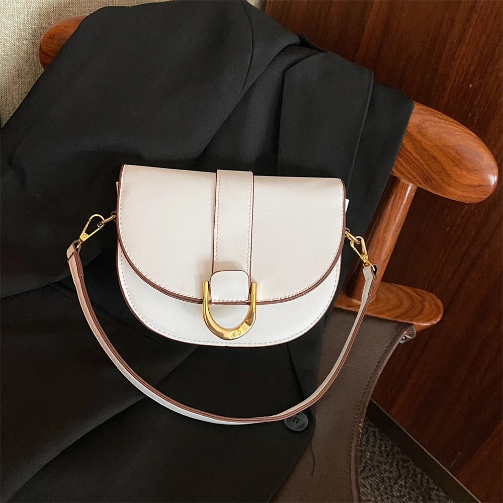 Solid Color Leather With Golden Hardware Saddle Shoulder Bag for Women