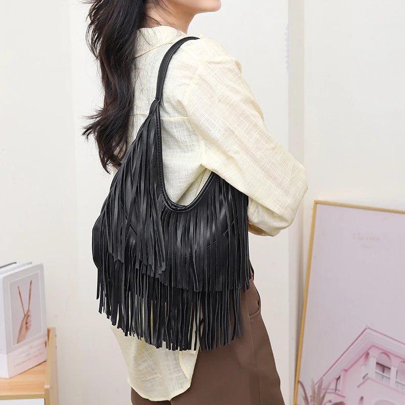 Long Tassel Lux PU Soft Leather Shoulder Bag for Women
