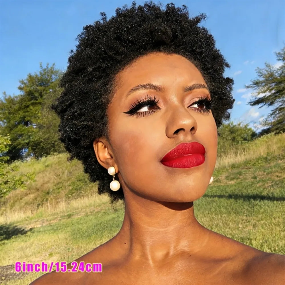 Natural Black Short Afro Kinky Curly Remy Human Hair Wig For Women