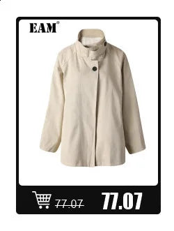 [EAM] Women Blue Pleated Hem Long Big Size Blouse New Stand Collar Long Sleeve Shirt Fashion Tide Spring Autumn 2025 1DH5707