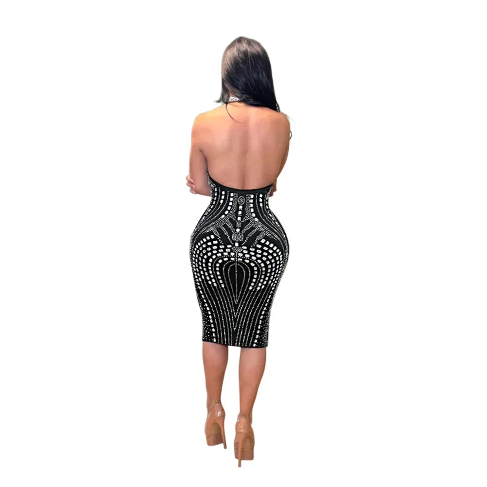 Rhinestone Embellished Sleeveless Bodycon Midi Dress for Women