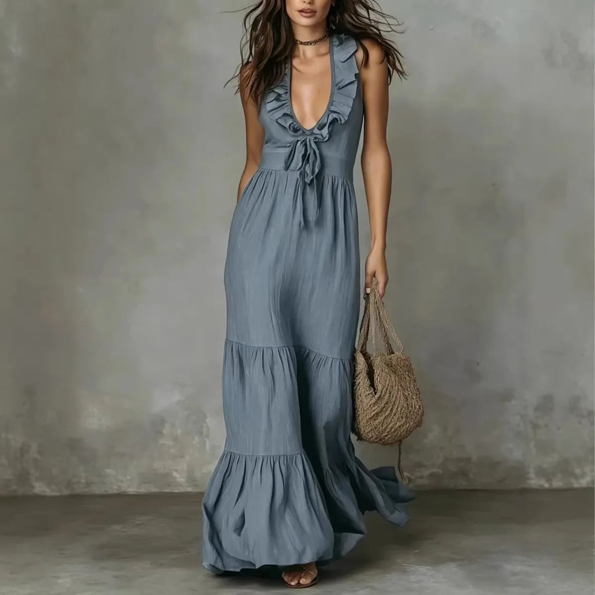 Halter V-Neck Tiered Ruffle Maxi Dress with Tie Waist for Women