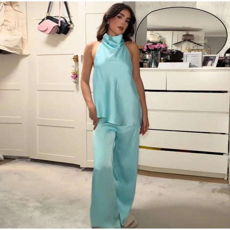 Turquoise Satin Cowl Neck Halter Top And Wide Leg Pants 2 Piece Set For Women