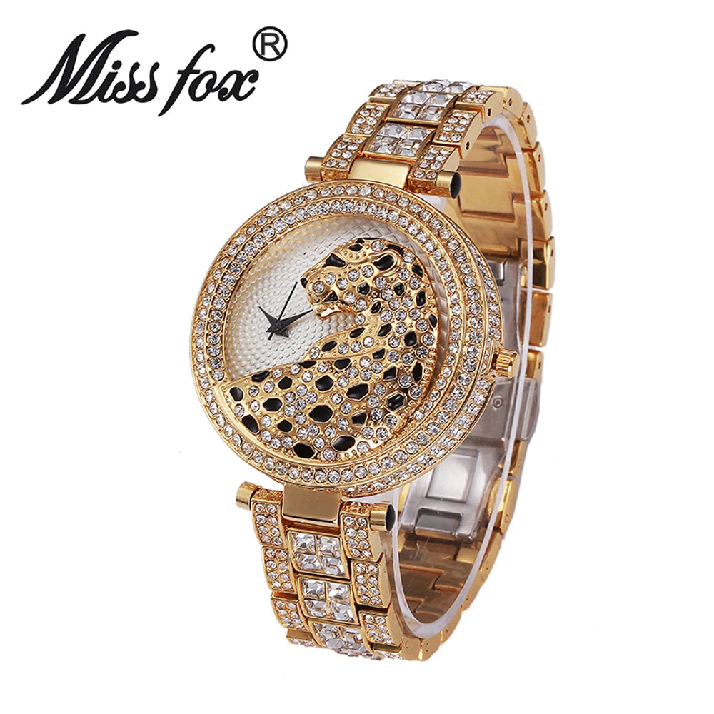 MISSFOX Women Quartz Watch Fashion Bling Casual Ladies Watches Female Quartz Gold Watch Crystal Diamond Leopard For Women Clock