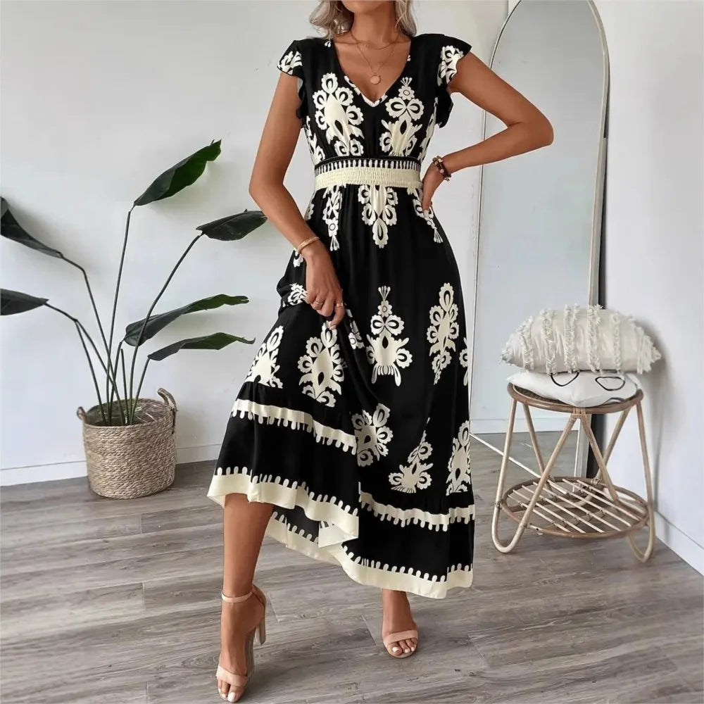 Beach Print Midi with V-Neck and High Waist Dress for Women
