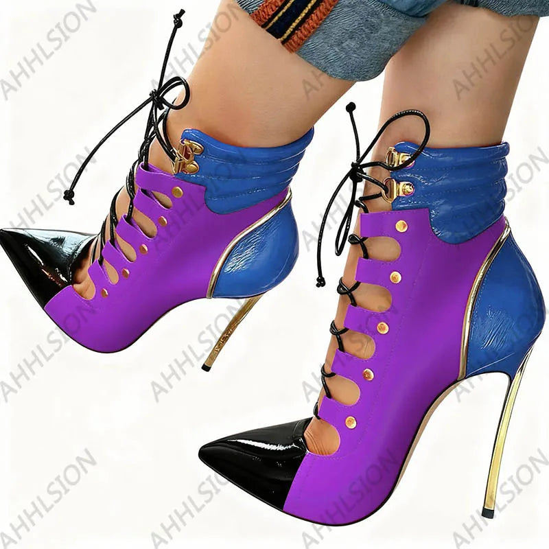Pointed Toe Purple Leather Ankle Boots With Gold Accents For Women