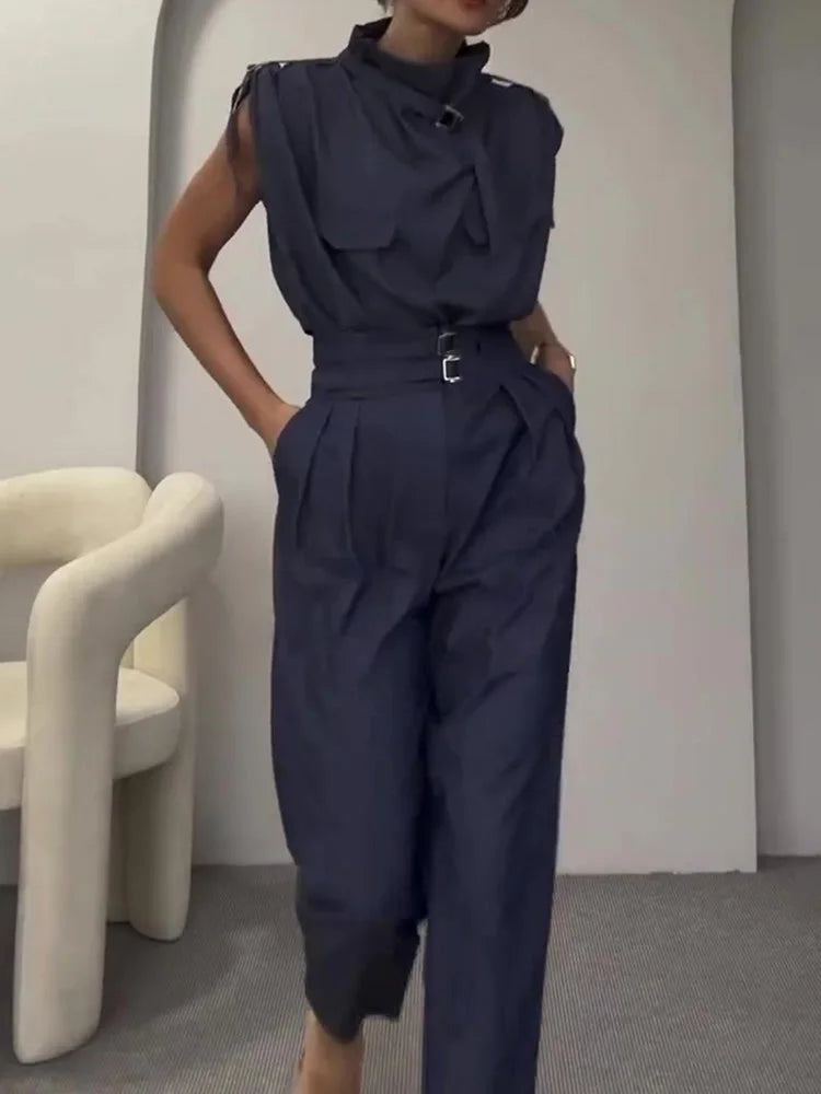 Sleeveless Turtleneck Simple Matching Set, Women Summer Cargo Pants Fashion Outfit, Solid Patchwork Chic Ladies Suits Streetwear