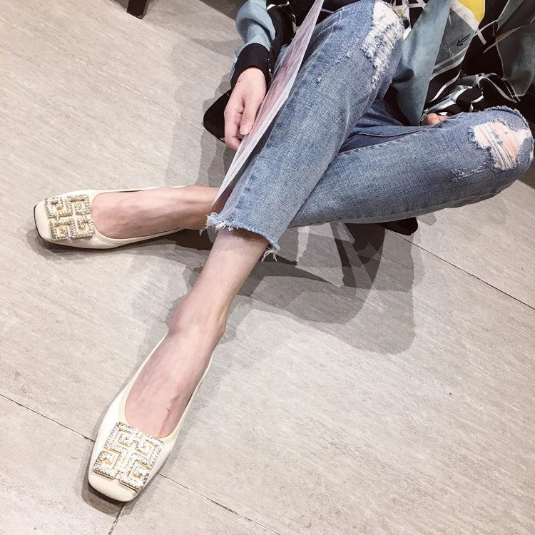 Rhinestone Buckle Square Toe Slip On Flats for Women