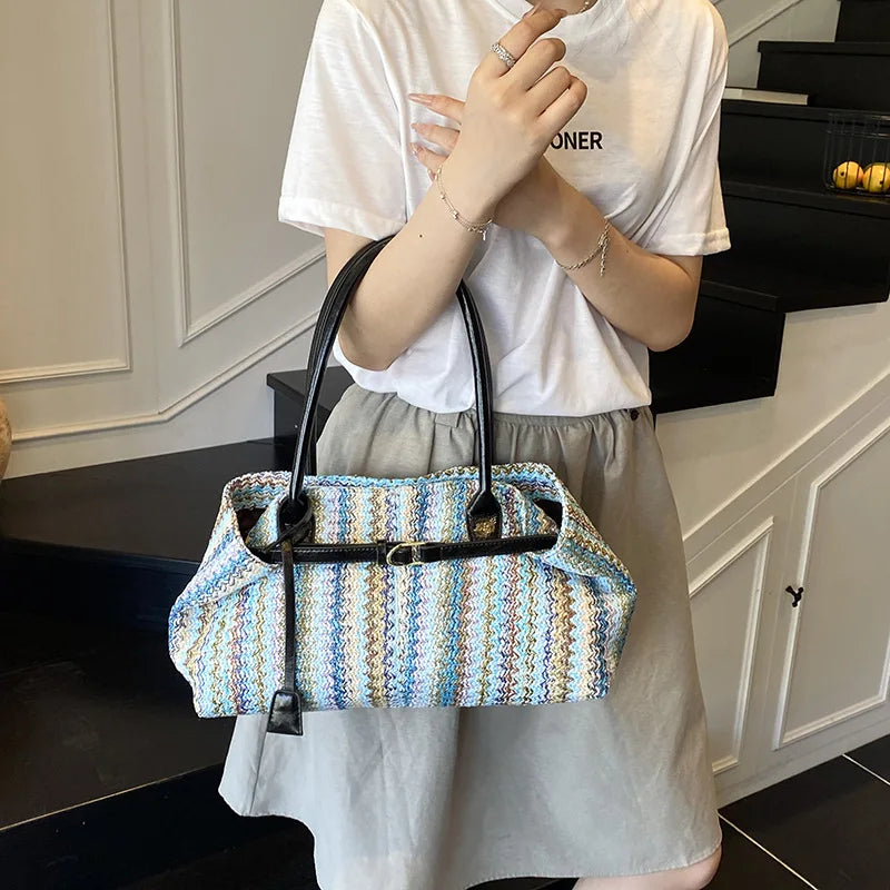 Large capacity rainbow woven tote bag, women's new versatile commuting beach bag, shoulder bag