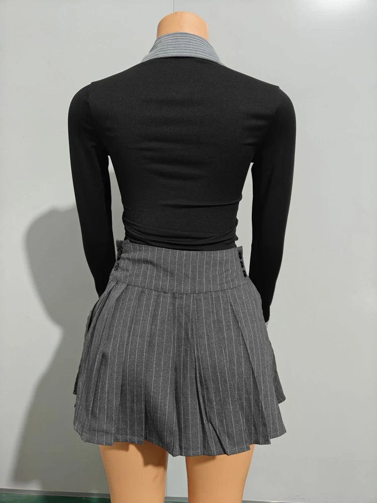 Fashion Cute Preppy Style 2 Two Piece Set Women Outfit Polo-Neck Button Stripe Print Patchwork Shirt and Mini Pleated Skirt Sets