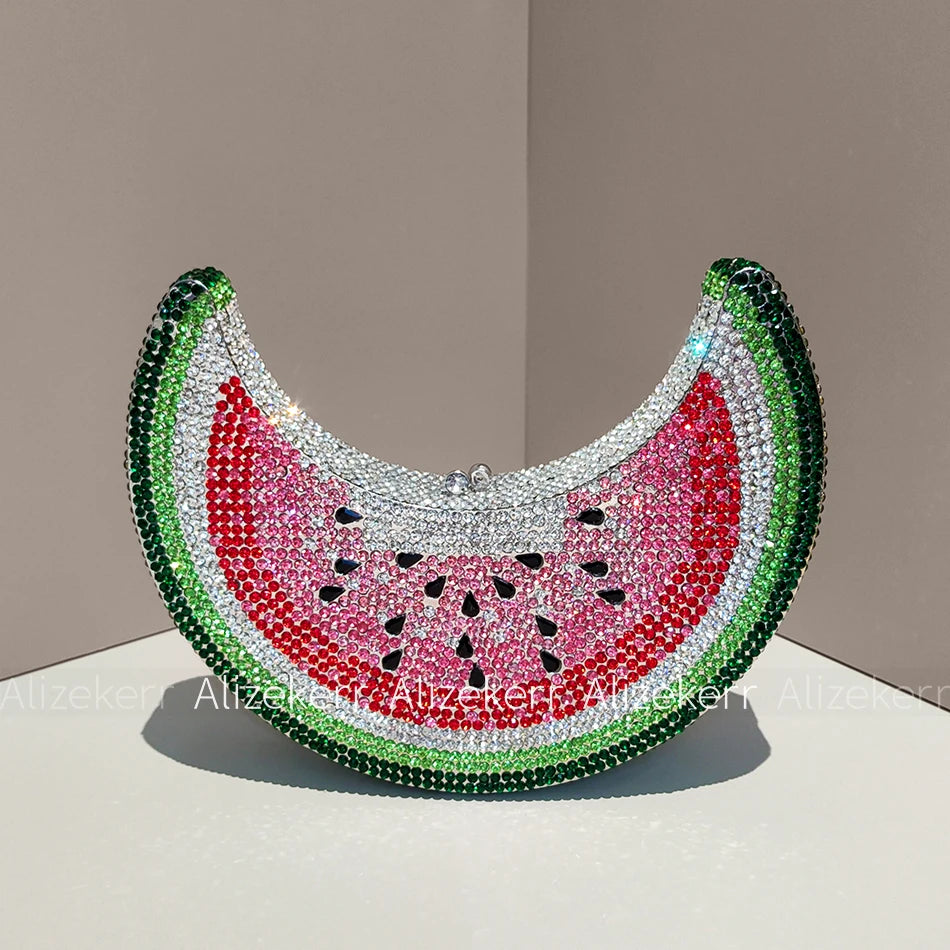 Moon Shaped Diamond Evening Bag with Watermelon Rhinestones for Women