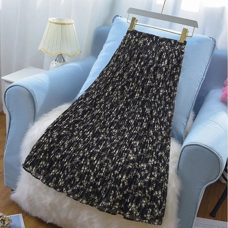 Floral High Waisted Chiffon Pleated Midi Skirt for Women