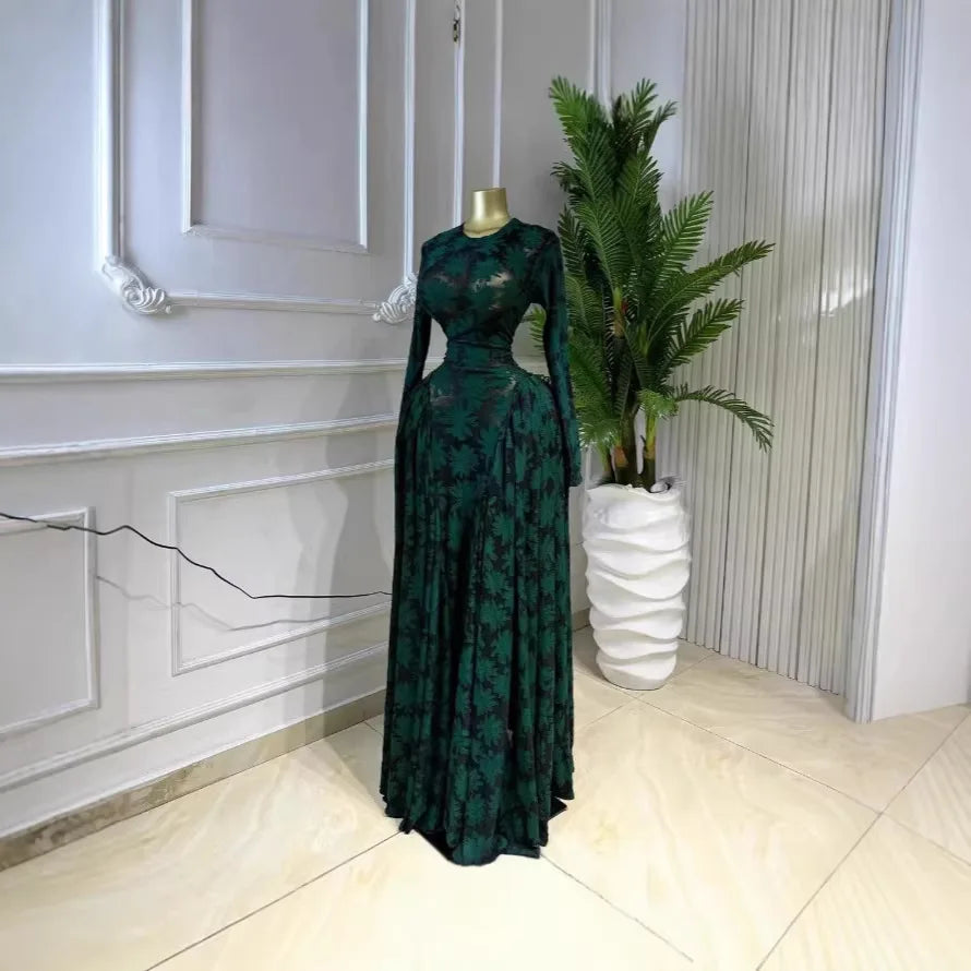 Elegant Pleated O Neck Long Sleeve Maxi Dress For Women