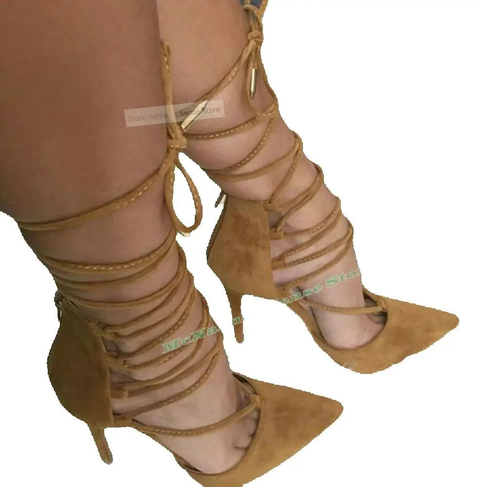 Lace Up Cross Tie Suede Pointed Heeled Sandals For Women