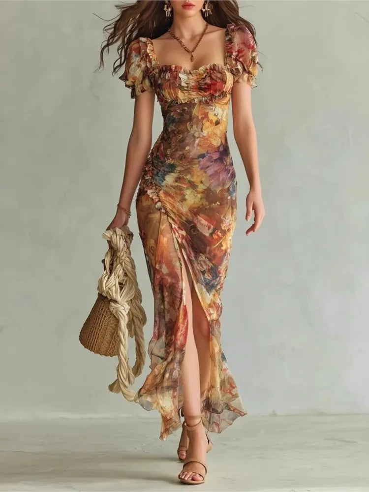 Elegant Lace Print Square Neck Tube Dress for Women