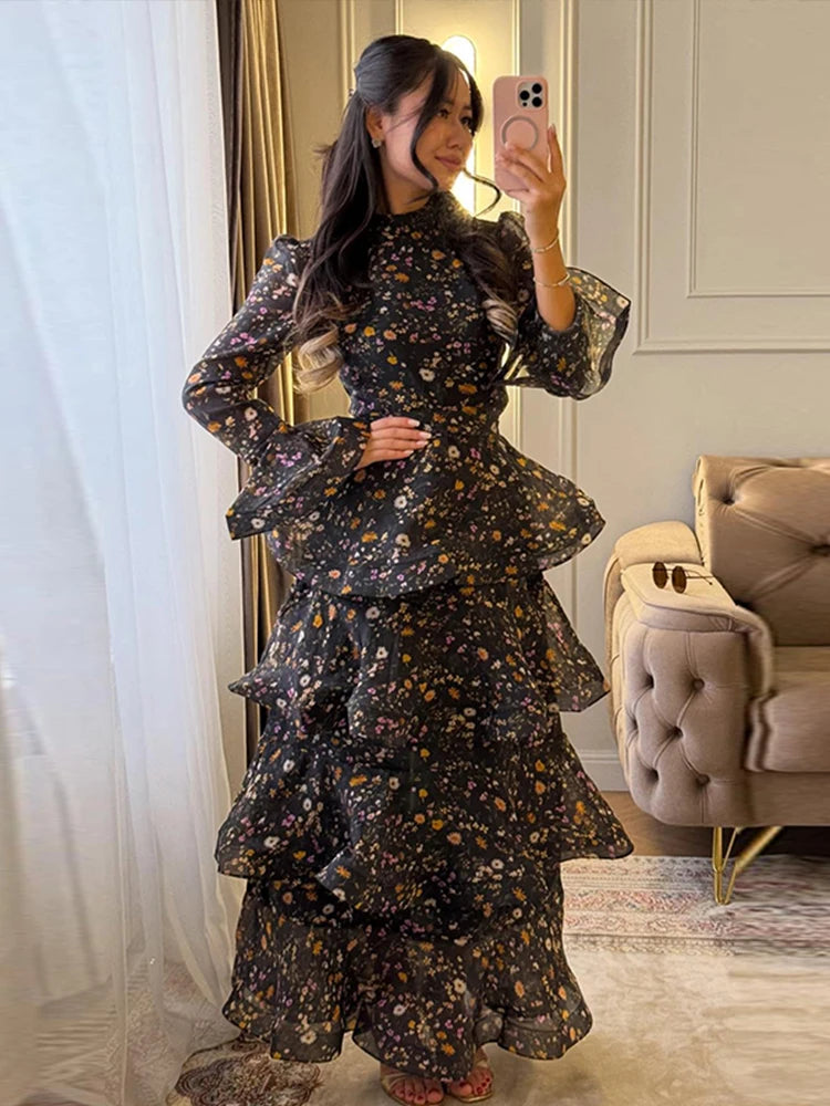 Chic Floral Bell Sleeve Floor-Length Dress For Women