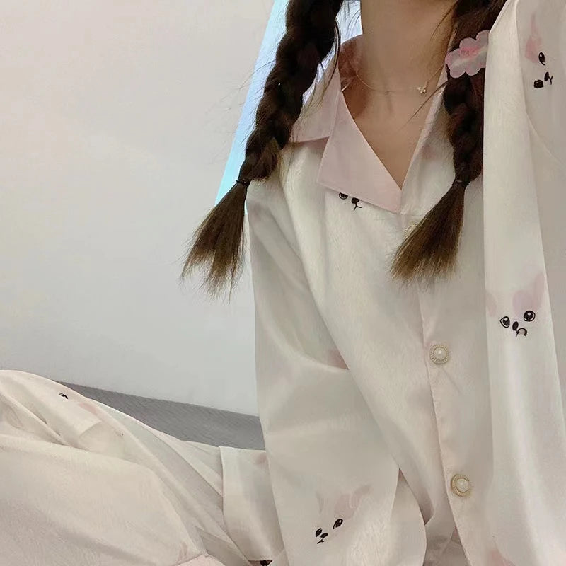 Flowers Twill Print Classy Women's Pajamas Spring Autumn Two-piece Sets Long Female Lounges Simulated Silk 2024 New Y2k Homewear