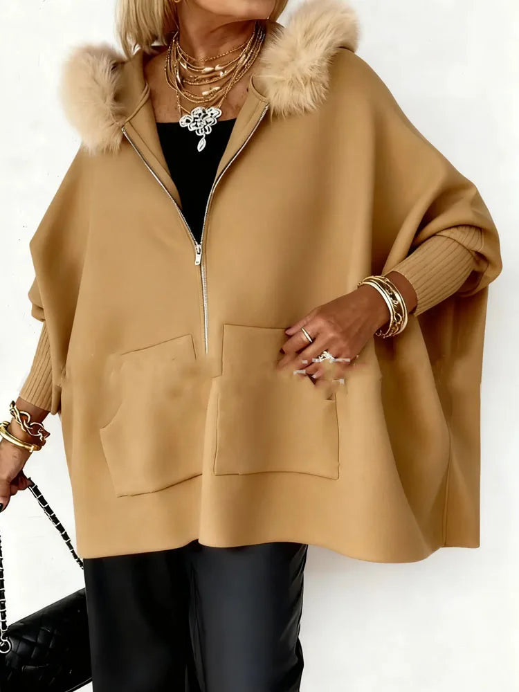 Elegant Fluffy Splicing Solid Loose Sweater Coat Autumn Winter Women Casual Knit Jacket Fashion Zip Long Sleeve Hooded Outercoat