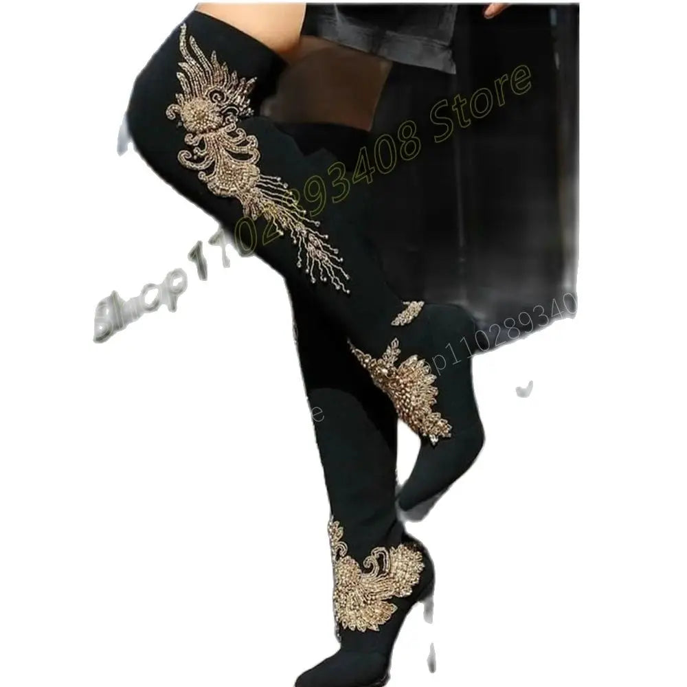Elegant Gold Crystal Pattern Suede Stiletto Over The Knee Boots For Women