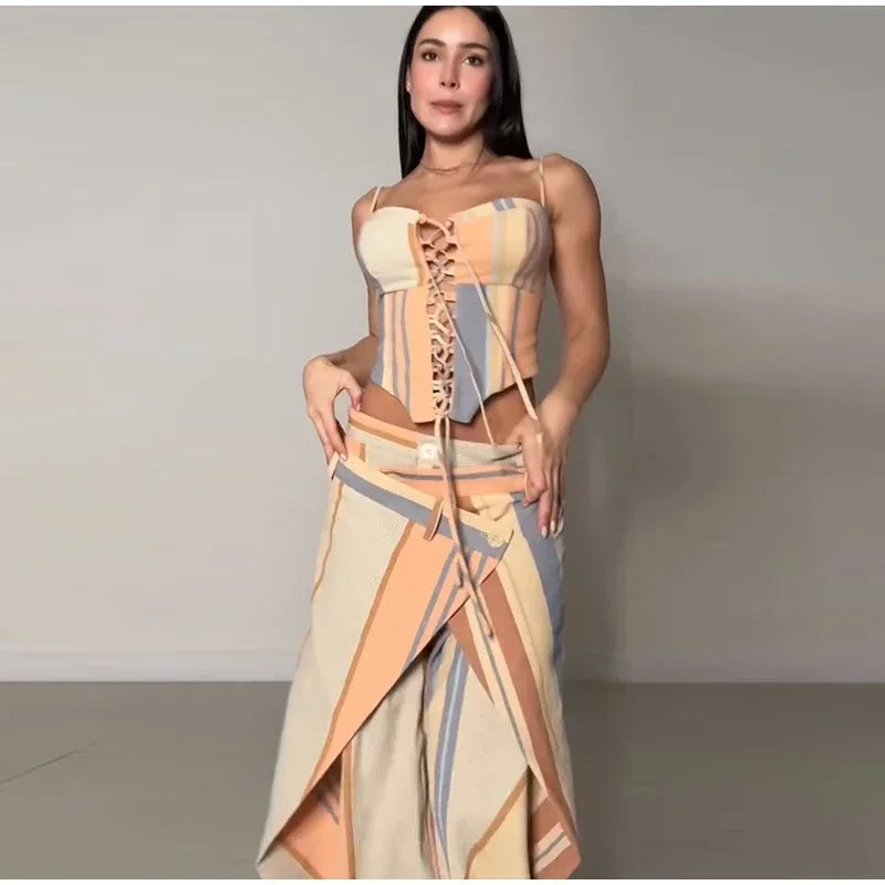Striped Patchwork Vest and Asymmetric Trousers Set for Women