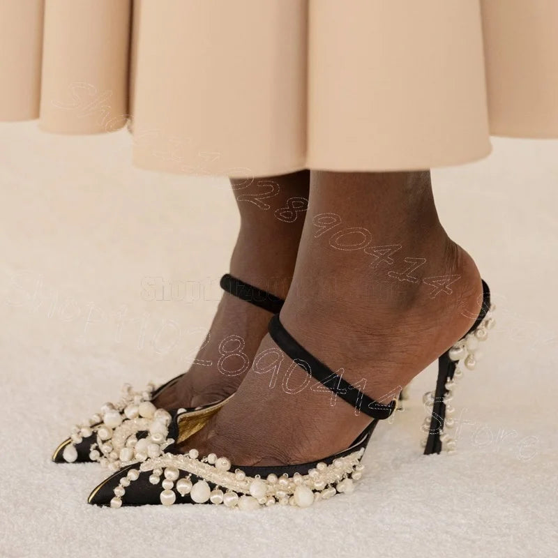 Elegant White Pearl Pointed Toe High Heel Pumps For Women