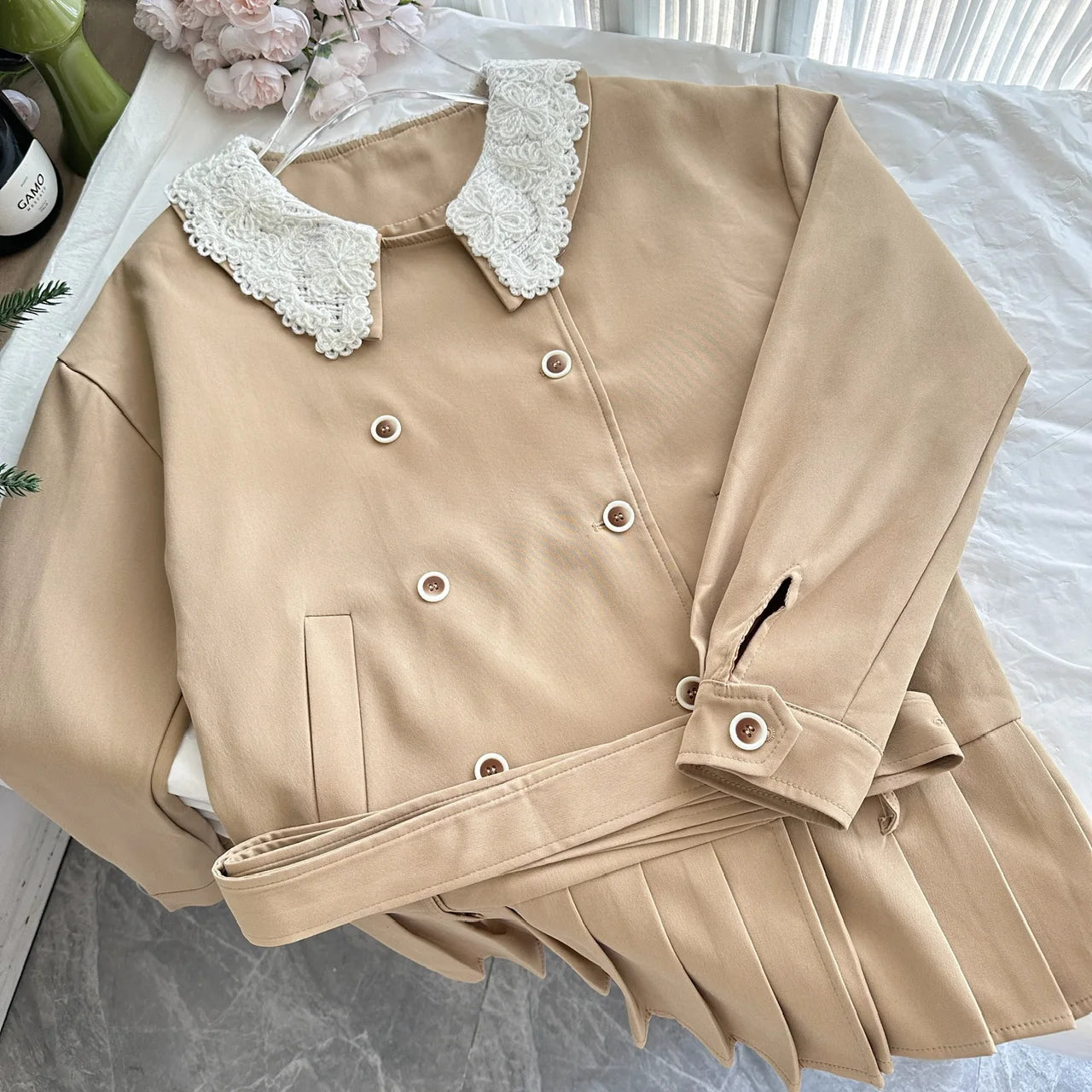 Autumn Chic French Elegant Lace Doll Collar Design Jacket 2000s Aesthetic Korean Popular Retro Women's Trench Coat Woman Clothes