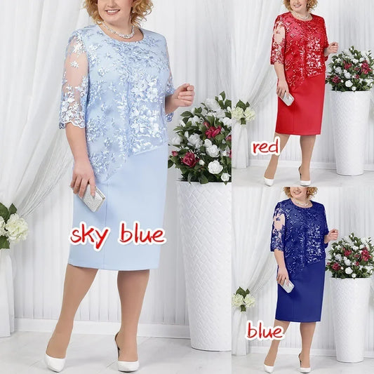 Wish Women's Lace Patchwork Two-piece Illusion Top Dress Gown Ladies Clothing