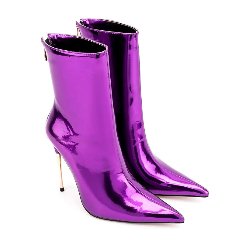 Shiny Blue Mirror Stiletto Boots with Side Zipper for Women