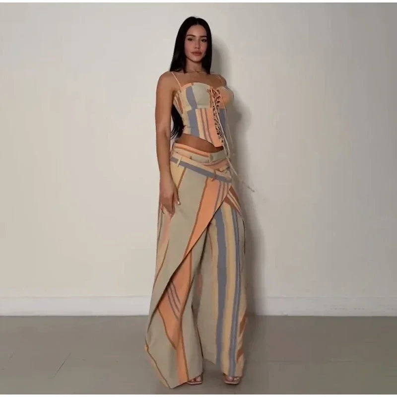 Striped Patchwork Vest and Asymmetric Trousers Set for Women