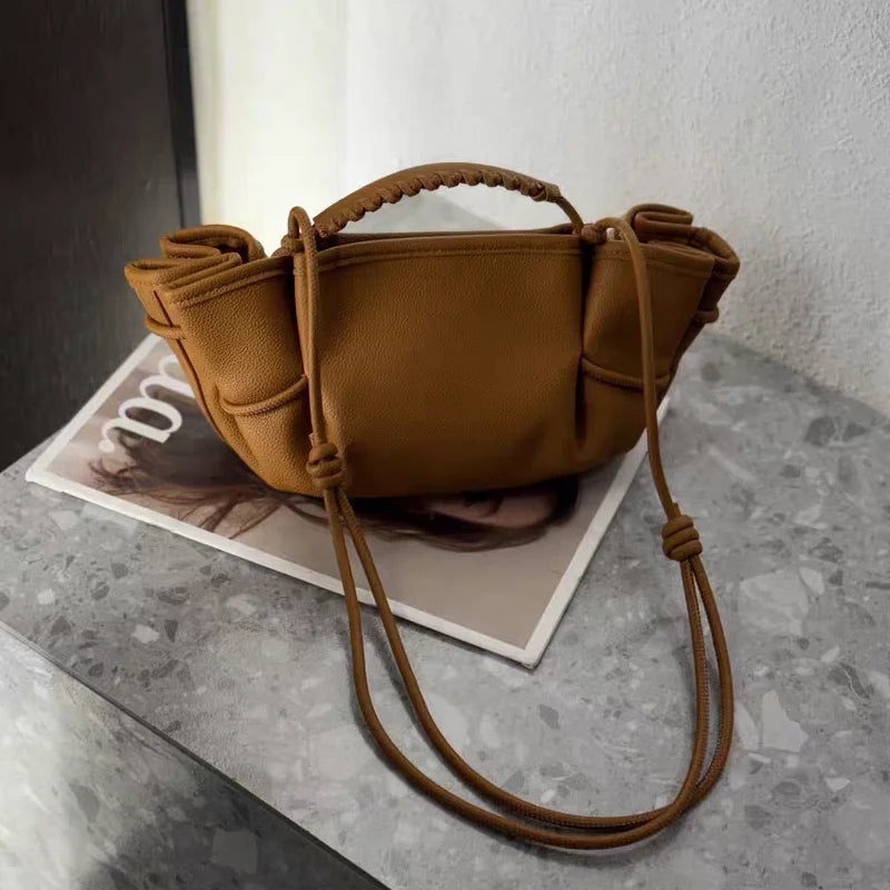 Luxury Brown Leather Braided Handbag Niche Exquisite Versatile Pleated Shoulder Bag Women's Fashion Brand Solid Color Bucket Bag