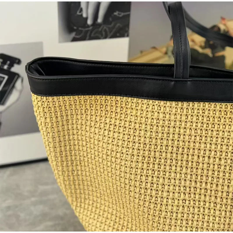 New Brand Woven Women's Tote Bag Large Capacity Splice Versatile Woven Beach Bag Fashion Single Shoulder Straw Bag Underarm Bag