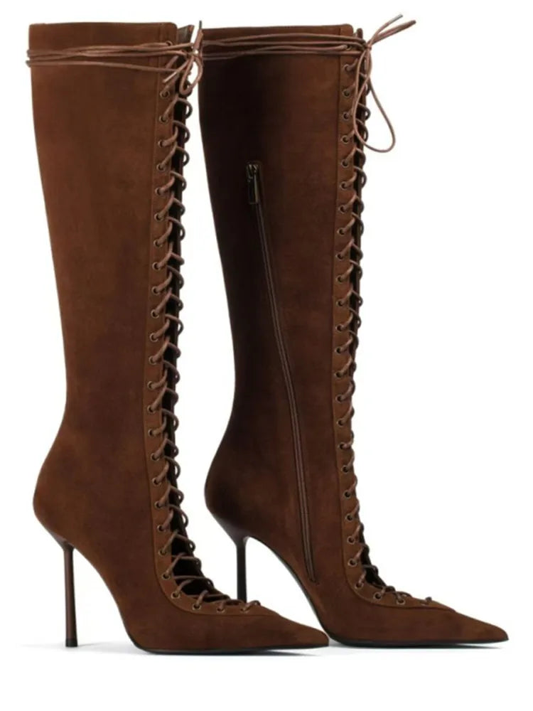 Lace Up Knee High Heeled Boots With Side Zipper for Women