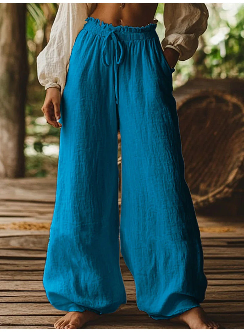 Women's Cotton and Linen Casual Loose Wide Leg Pants Autumn Retro Elastic Waist Drawstring Tied Pocket Pants Ethnic Vacation