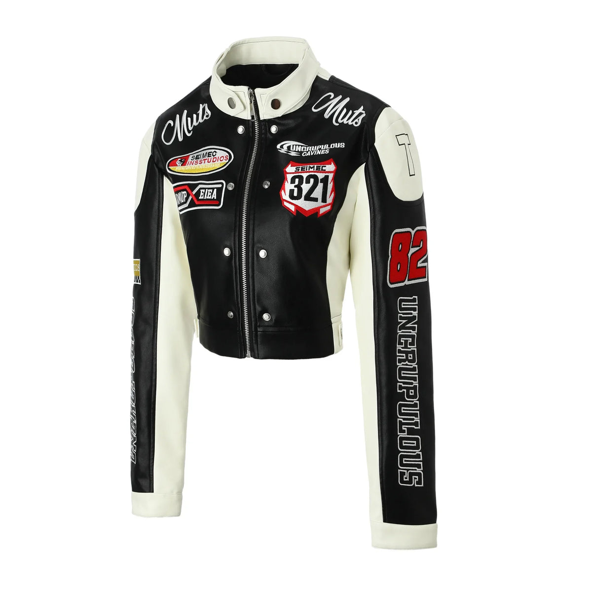 Contrasting Color Embroidered PU Leather Jacket for Women