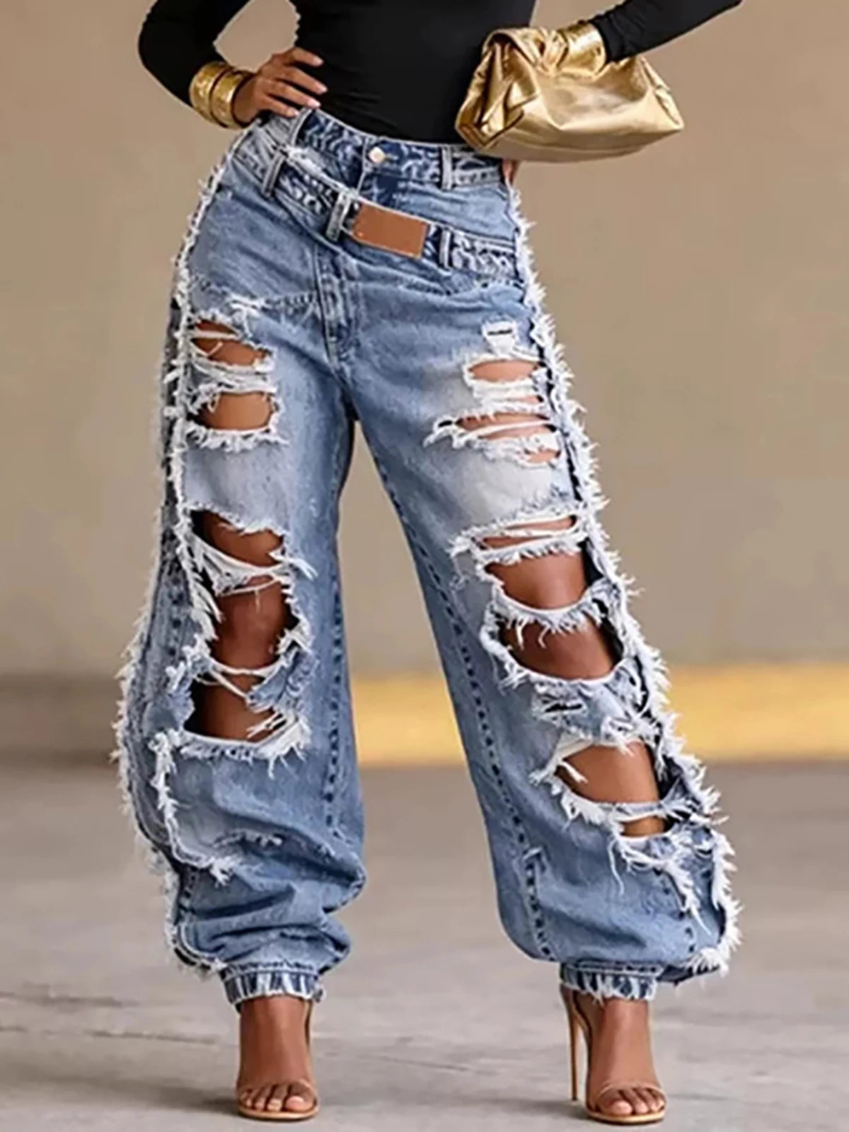 Heavy Ripped Wide Leg Distressed Denim Jeans for Women