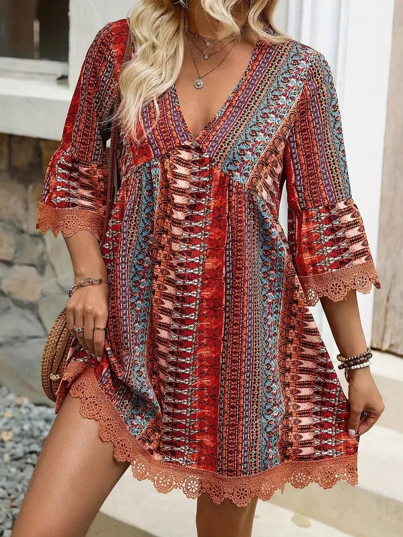 Vintage Floral Print V Neck Long Sleeve Dress For Women