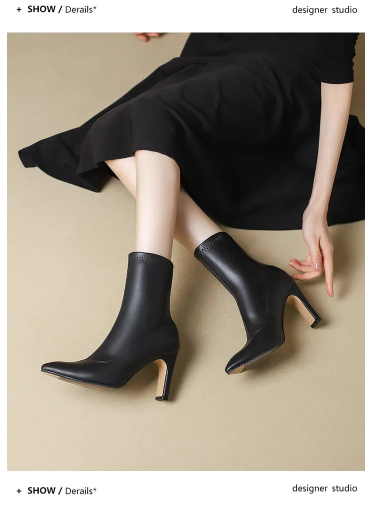 Pointed Leather High Heel Ankle Boots