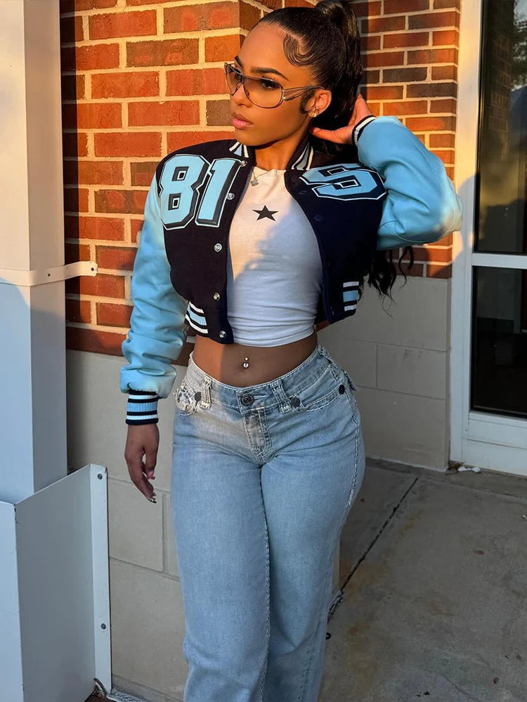 Patchwork Faux Leather Sleeve Cropped Jacket for Women