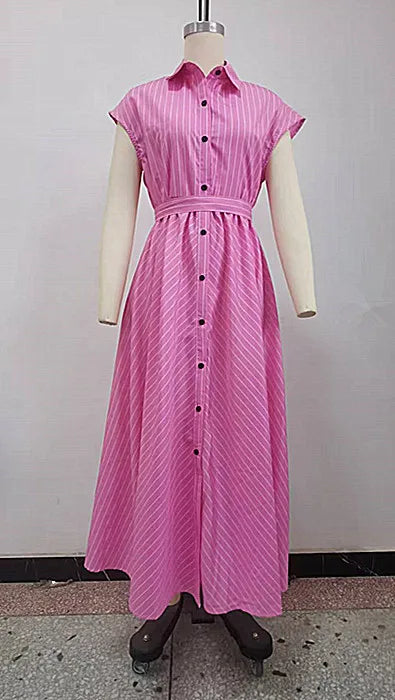 Vintage Striped Flounce Neck Shirt Collar Dress For Women
