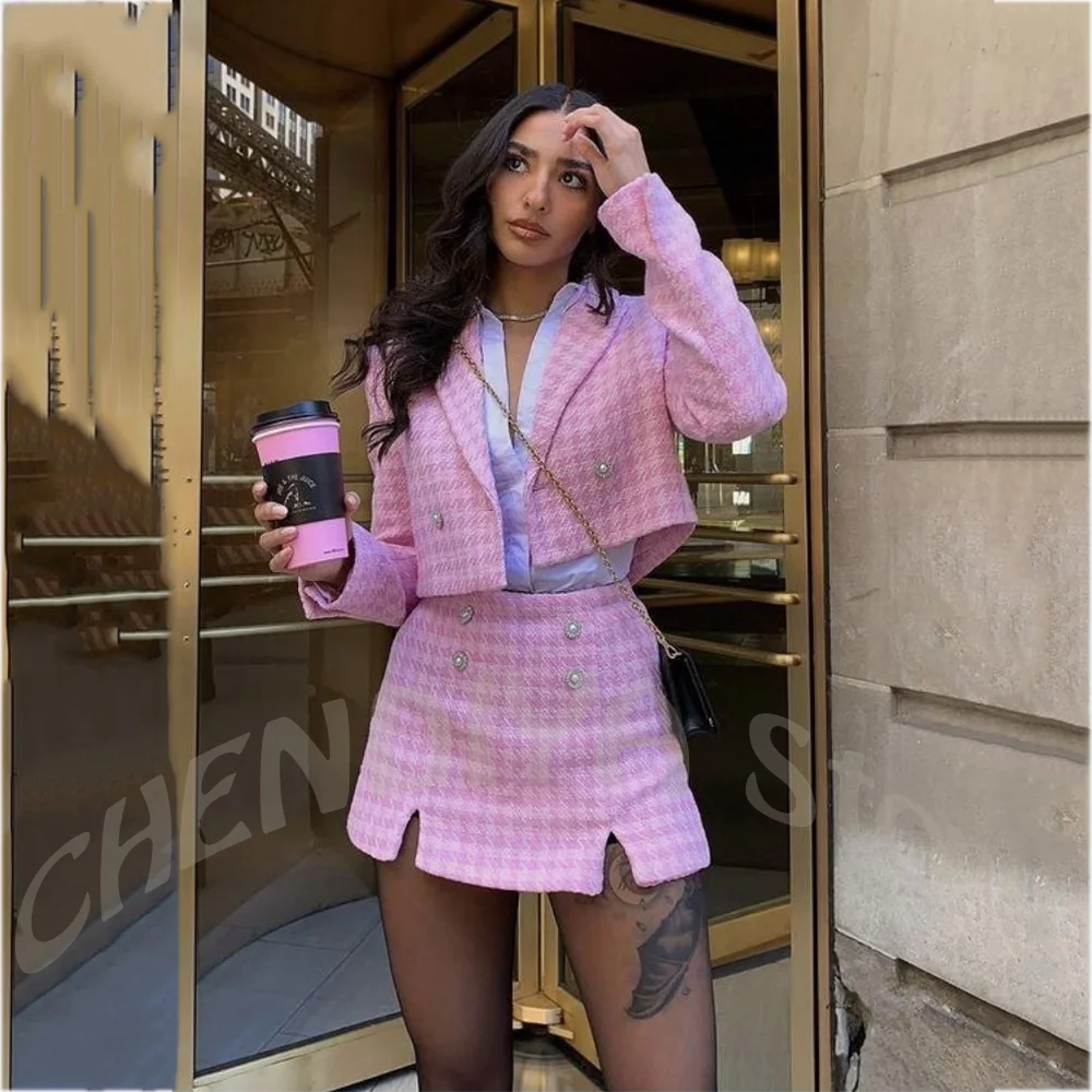 Pink Houndstooth Women's Suit Luxury 2026 Double Breasted Cropped Jacket Mini Skirt Fashion Streetwear Wedding Guest Casual Set
