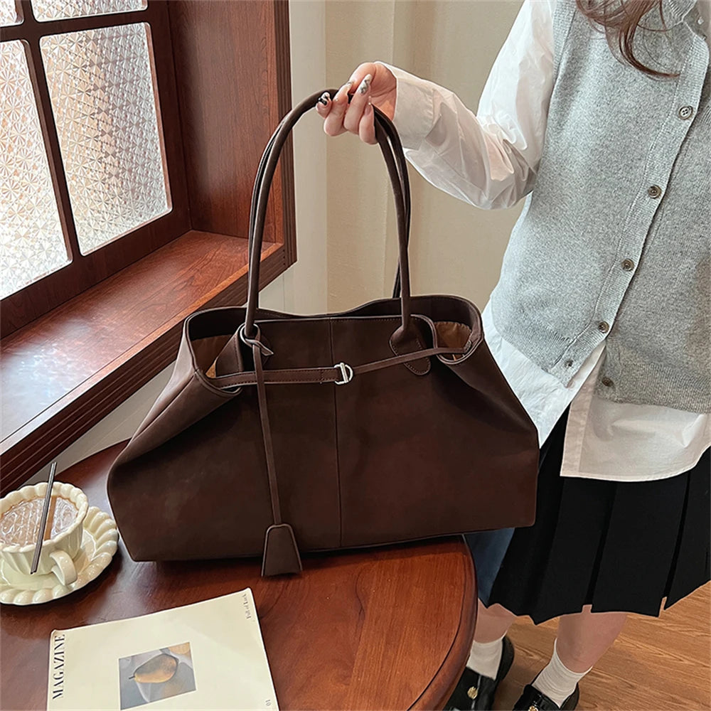 Luxurious Faux Suede Pure Color Retro Shoulder Tote Bag for Women