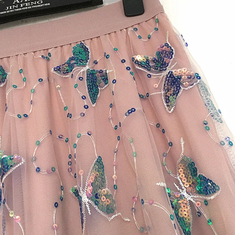 Pink Tulle High Waist Iridescent Sequin Butterfly Embroidery Skirt for Women