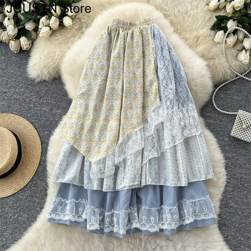 High-Waist Patchwork Lace-Up Skirt