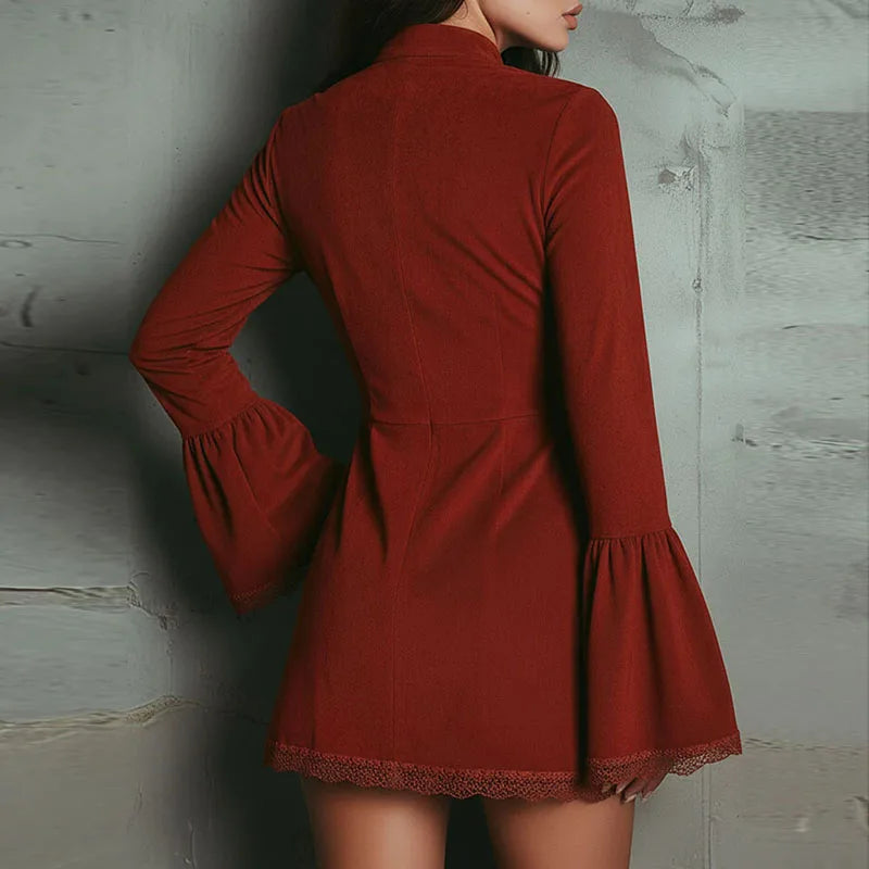 Vintage Floral Print Patchwork Lace Mini Dress Woman Sexy Zipper Hollow Out Party Dress Autumn Flare Sleeve A-Line Dress Vestido