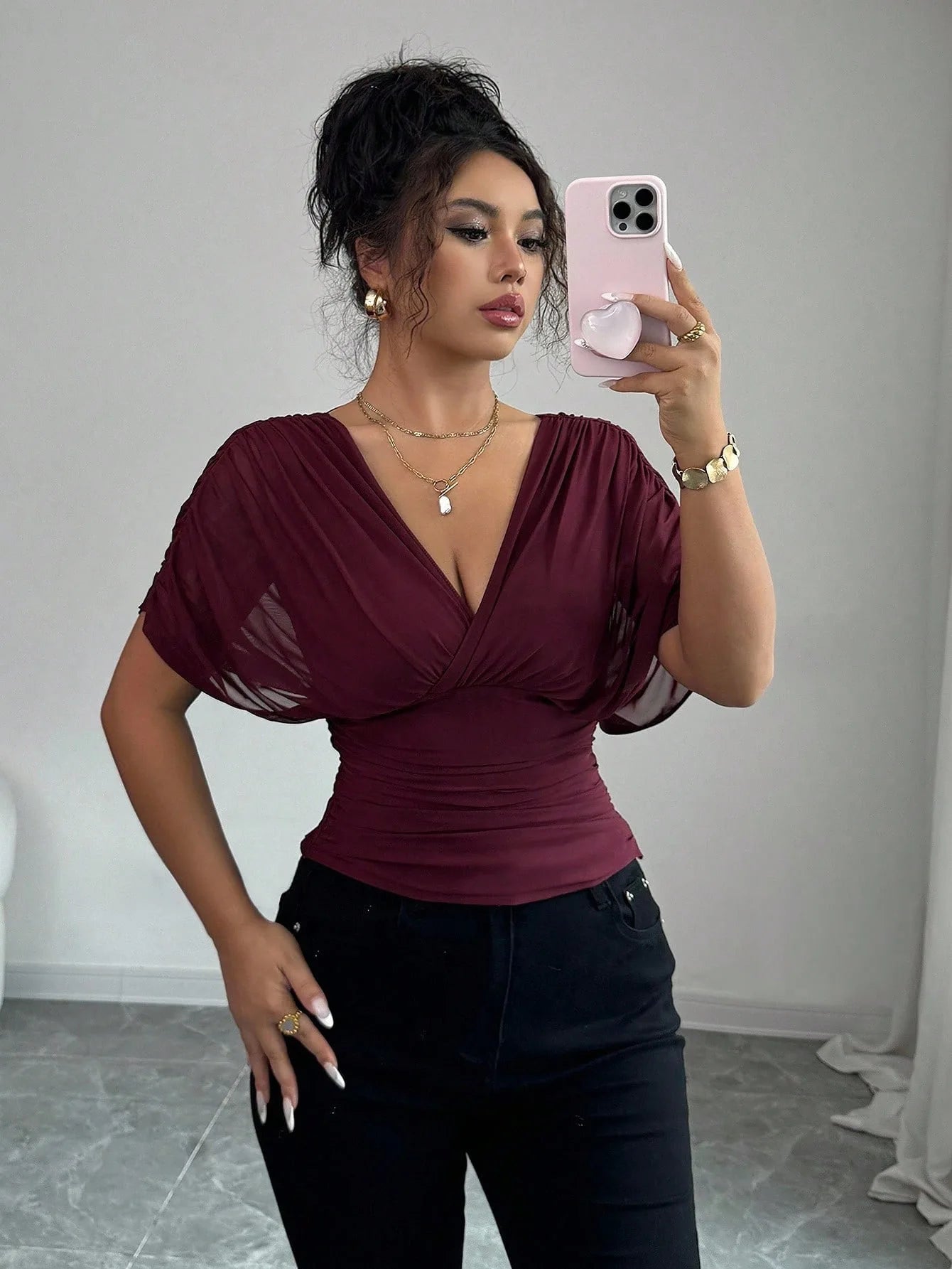 Elegant Deep V Neck Flutter Sleeve Waist Cinching Top for Women
