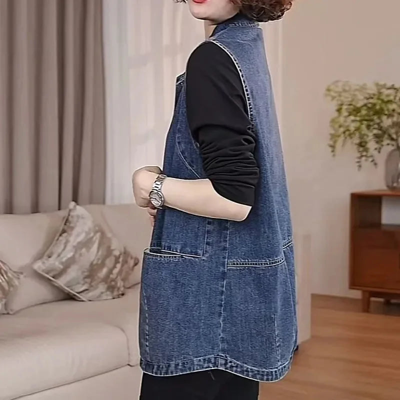 Lightweight Loose Denim Vest With Button Closure For Women